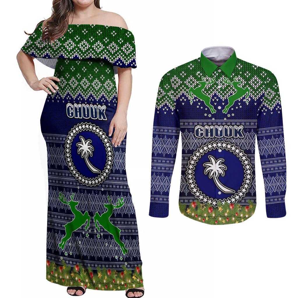 chuuk-state-christmas-couples-matching-off-shoulder-maxi-dress-and-long-sleeve-button-shirts-coat-of-arms-beautiful-merry-xmas-snowflake