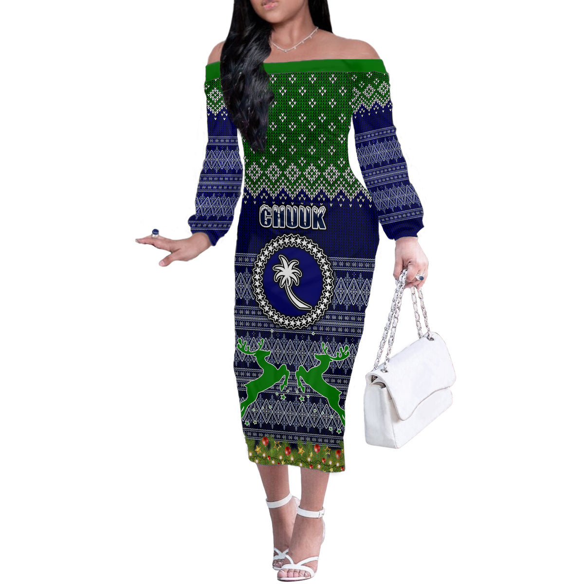 chuuk-state-christmas-off-the-shoulder-long-sleeve-dress-coat-of-arms-beautiful-merry-xmas-snowflake