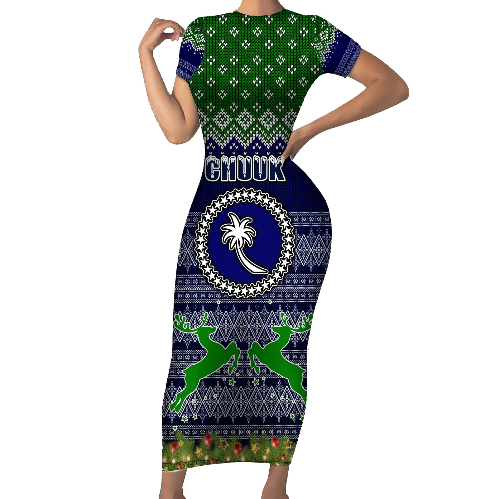 chuuk-state-christmas-short-sleeve-bodycon-dress-coat-of-arms-beautiful-merry-xmas-snowflake