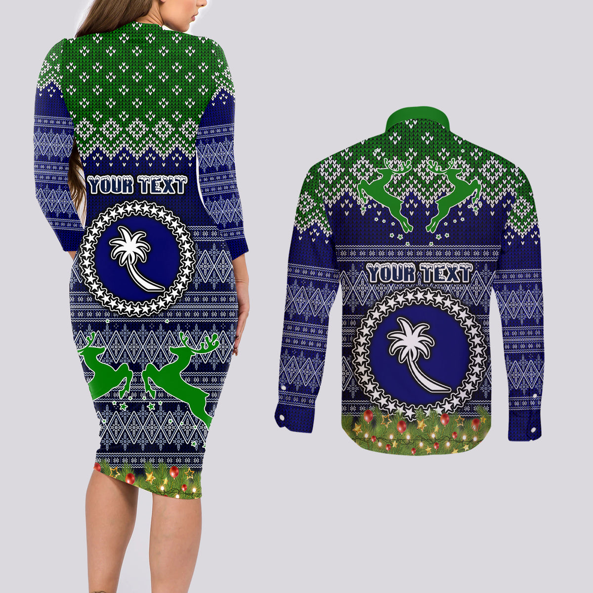 personalised-chuuk-state-christmas-couples-matching-long-sleeve-bodycon-dress-and-long-sleeve-button-shirts-coat-of-arms-beautiful-merry-xmas-snowflake
