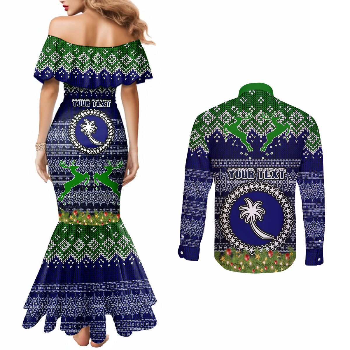 personalised-chuuk-state-christmas-couples-matching-mermaid-dress-and-long-sleeve-button-shirts-coat-of-arms-beautiful-merry-xmas-snowflake