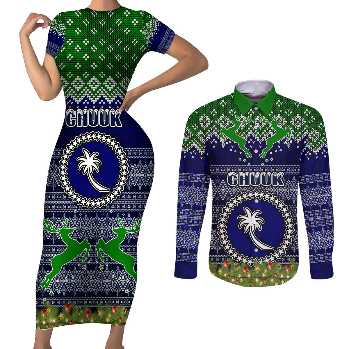 personalised-chuuk-state-christmas-couples-matching-short-sleeve-bodycon-dress-and-long-sleeve-button-shirts-coat-of-arms-beautiful-merry-xmas-snowflake