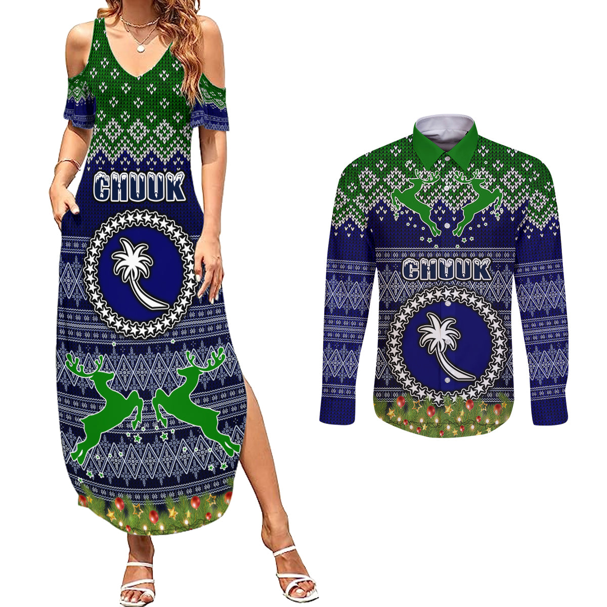 personalised-chuuk-state-christmas-couples-matching-summer-maxi-dress-and-long-sleeve-button-shirts-coat-of-arms-beautiful-merry-xmas-snowflake