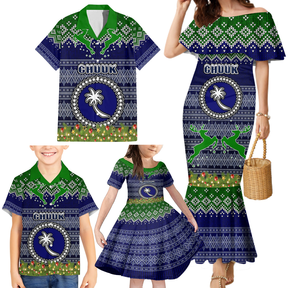 personalised-chuuk-state-christmas-family-matching-mermaid-dress-and-hawaiian-shirt-coat-of-arms-beautiful-merry-xmas-snowflake