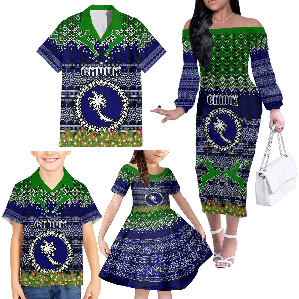 personalised-chuuk-state-christmas-family-matching-off-shoulder-long-sleeve-dress-and-hawaiian-shirt-coat-of-arms-beautiful-merry-xmas-snowflake