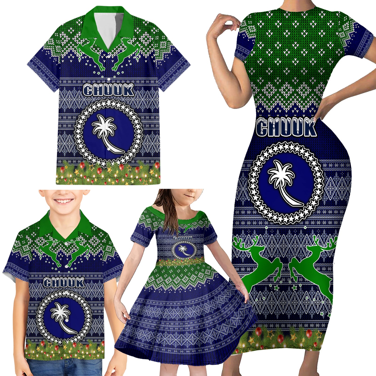 personalised-chuuk-state-christmas-family-matching-short-sleeve-bodycon-dress-and-hawaiian-shirt-coat-of-arms-beautiful-merry-xmas-snowflake