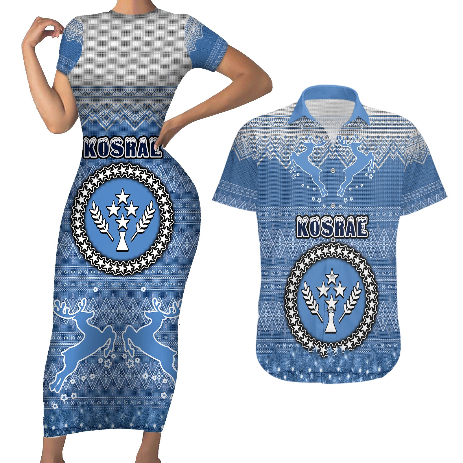 kosrae-christmas-couples-matching-short-sleeve-bodycon-dress-and-hawaiian-shirt-coat-of-arms-beautiful-merry-xmas-snowflake