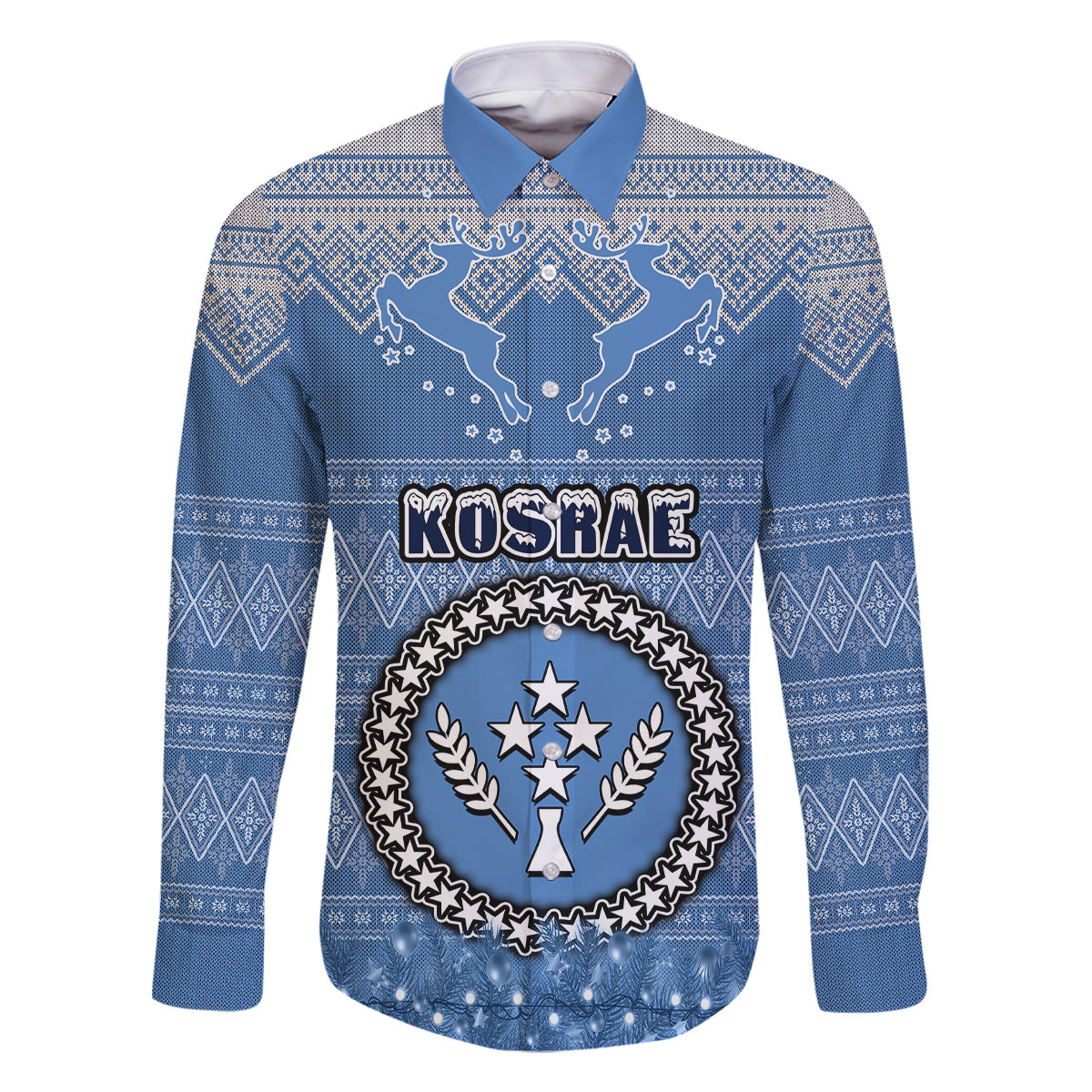 Kosrae Christmas Family Matching Mermaid Dress and Hawaiian Shirt Coat of Arms Beautiful Merry Xmas Snowflake LT03 Dad's Shirt - Long Sleeve Blue - Polynesian Pride
