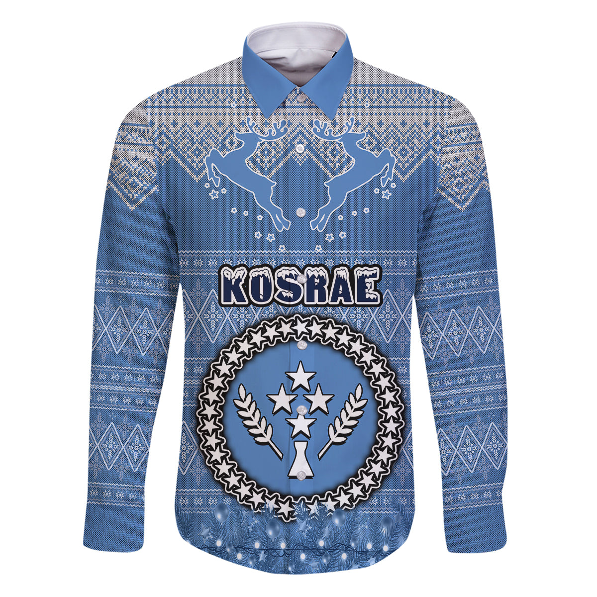 Kosrae Christmas Family Matching Puletasi Dress and Hawaiian Shirt Coat of Arms Beautiful Merry Xmas Snowflake LT03 Dad's Shirt - Long Sleeve Blue - Polynesian Pride