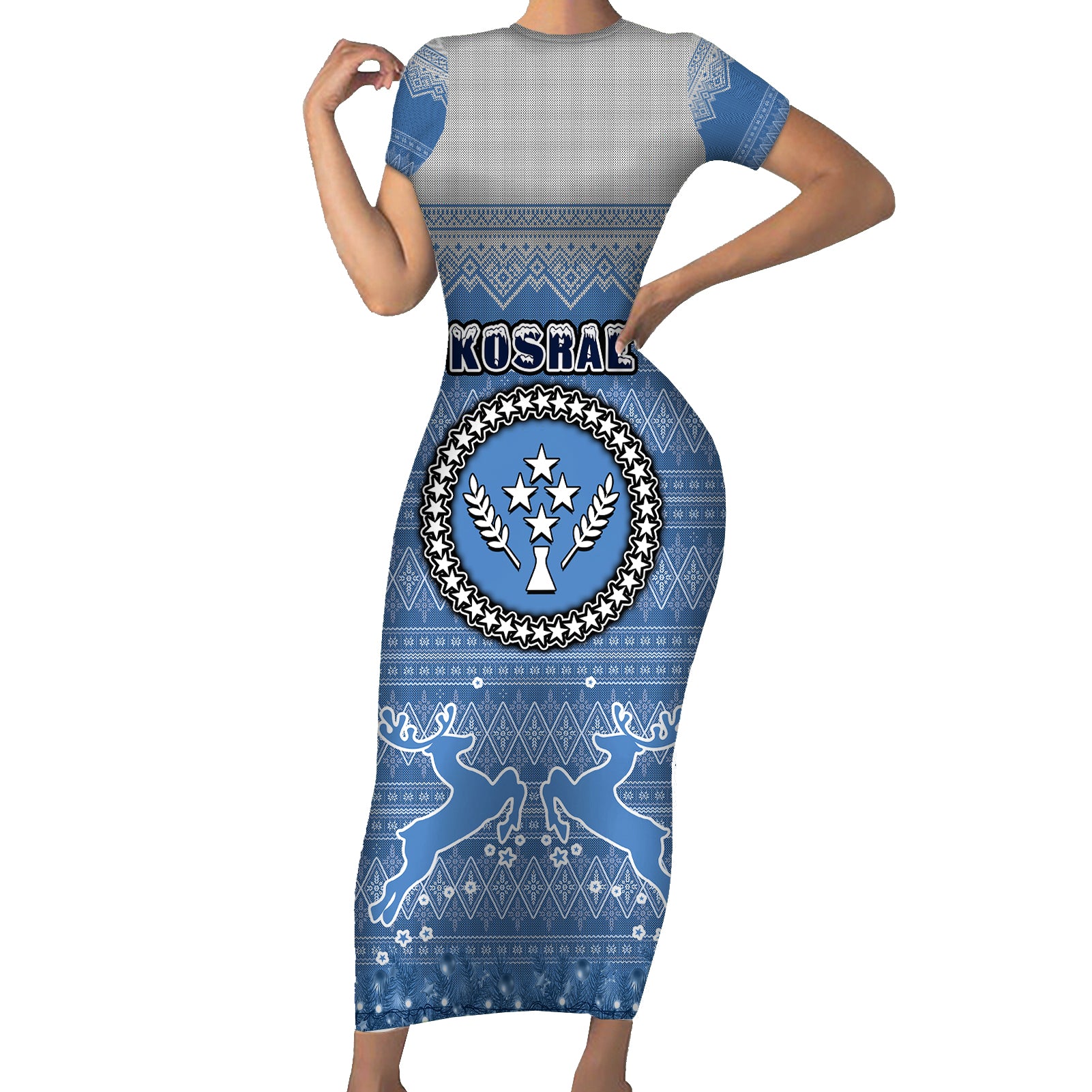 kosrae-christmas-short-sleeve-bodycon-dress-coat-of-arms-beautiful-merry-xmas-snowflake