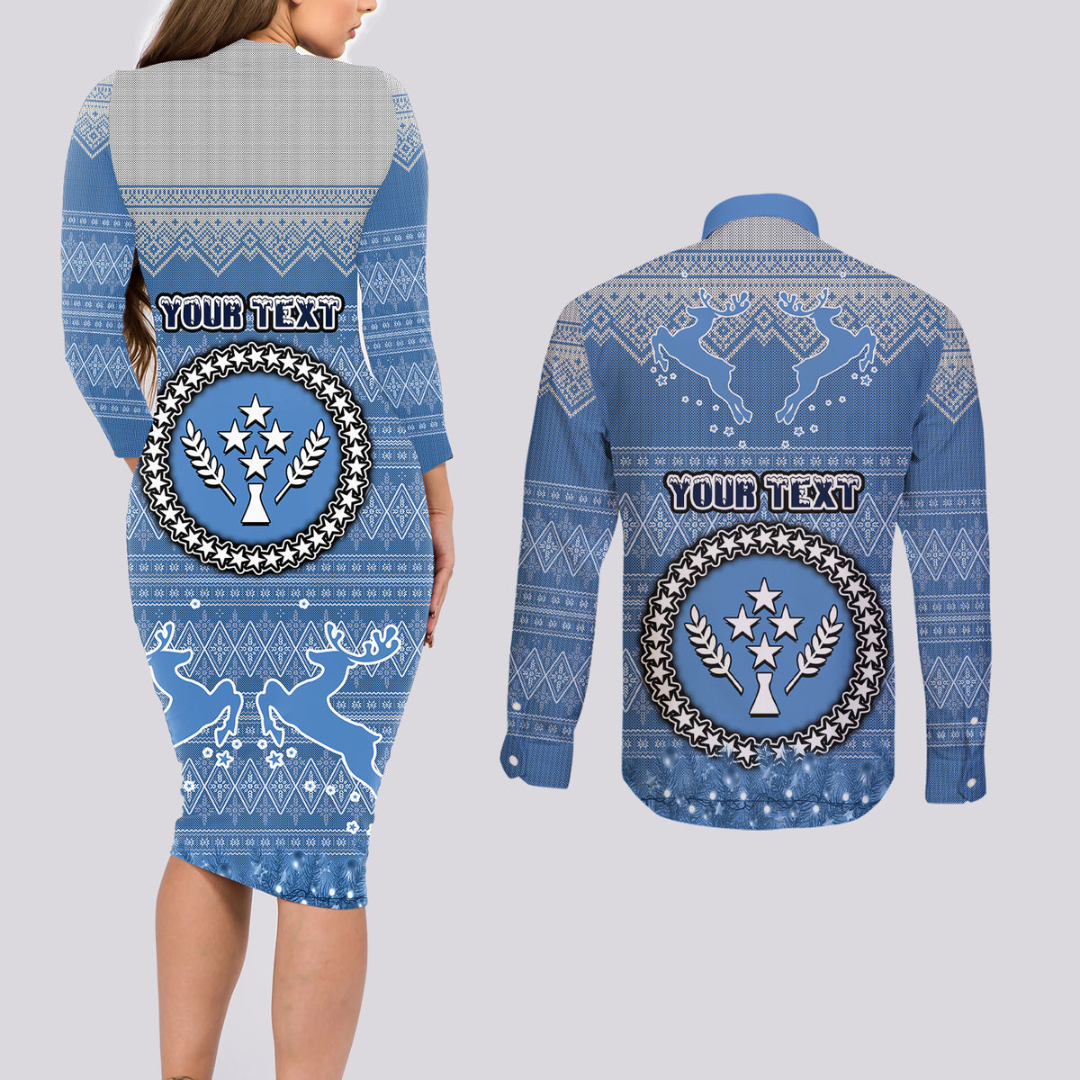 personalised-kosrae-christmas-couples-matching-long-sleeve-bodycon-dress-and-long-sleeve-button-shirts-coat-of-arms-beautiful-merry-xmas-snowflake