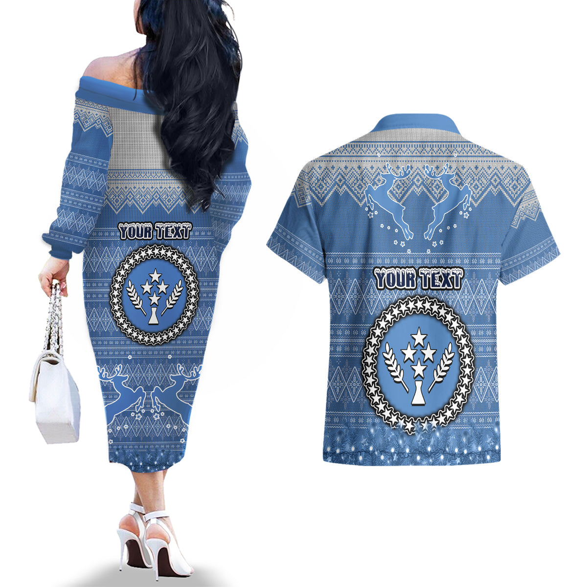 personalised-kosrae-christmas-couples-matching-off-the-shoulder-long-sleeve-dress-and-hawaiian-shirt-coat-of-arms-beautiful-merry-xmas-snowflake