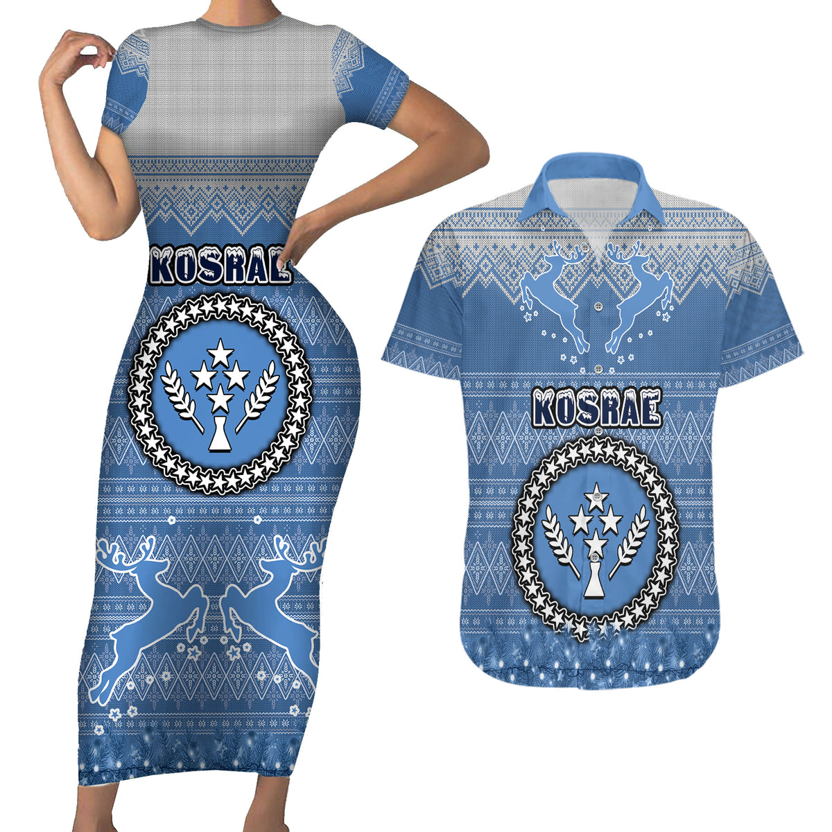 personalised-kosrae-christmas-couples-matching-short-sleeve-bodycon-dress-and-hawaiian-shirt-coat-of-arms-beautiful-merry-xmas-snowflake