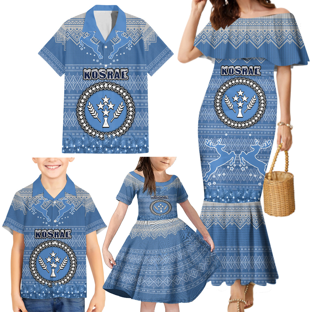 personalised-kosrae-christmas-family-matching-mermaid-dress-and-hawaiian-shirt-coat-of-arms-beautiful-merry-xmas-snowflake