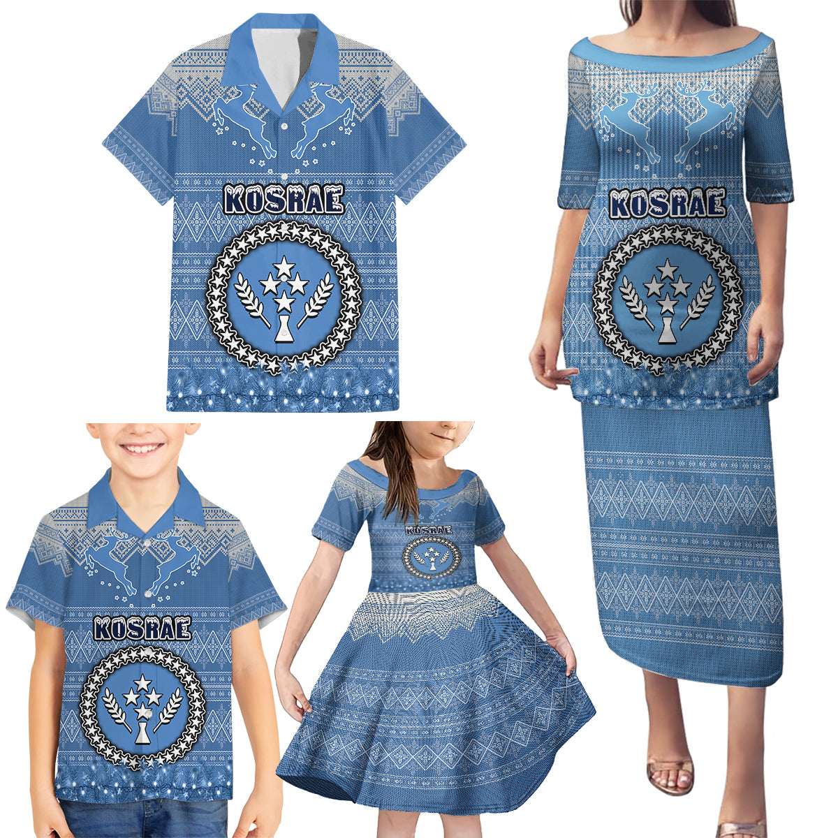 Personalised Kosrae Christmas Family Matching Puletasi Dress and Hawaiian Shirt Coat of Arms Beautiful Merry Xmas Snowflake LT03 - Polynesian Pride