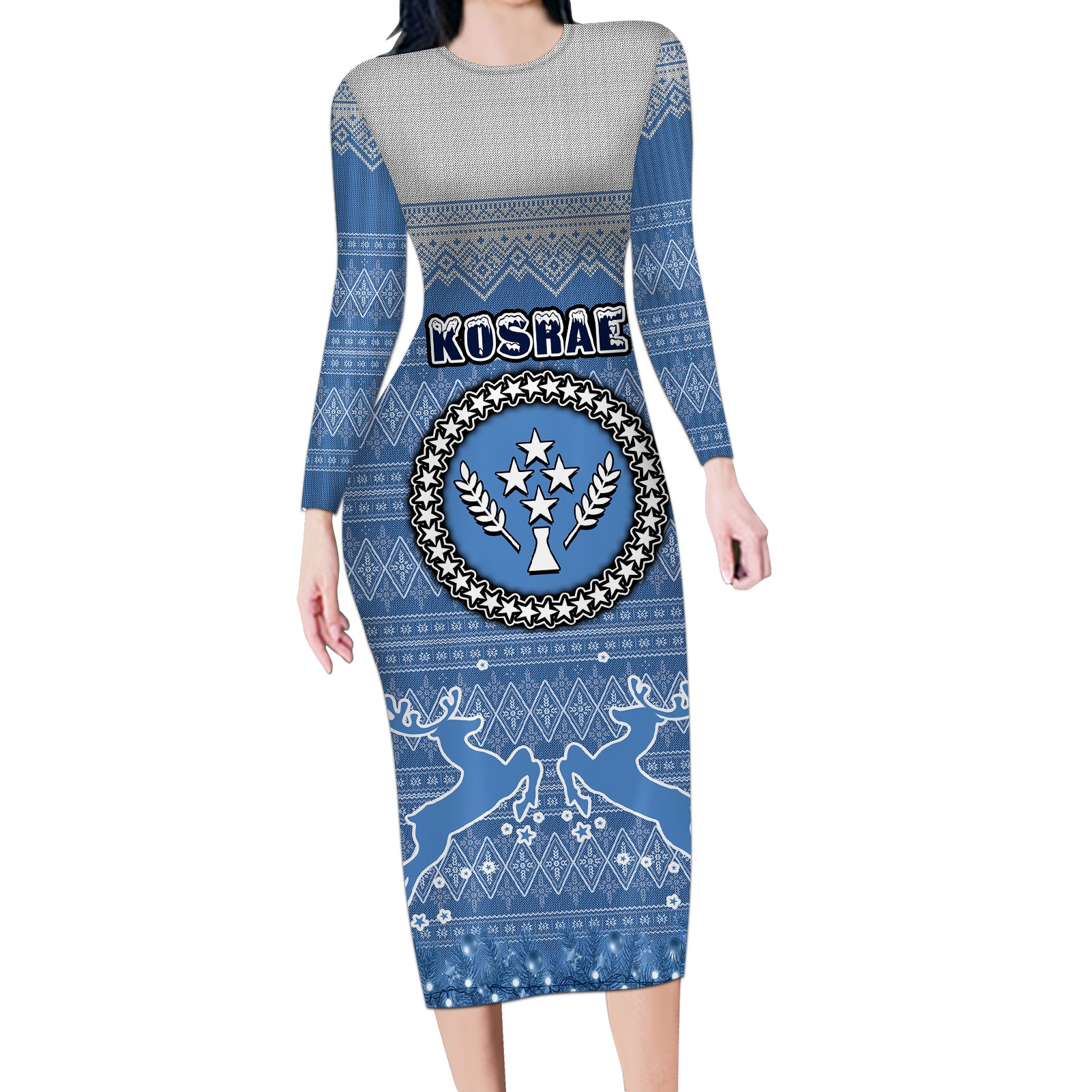 personalised-kosrae-christmas-long-sleeve-bodycon-dress-coat-of-arms-beautiful-merry-xmas-snowflake