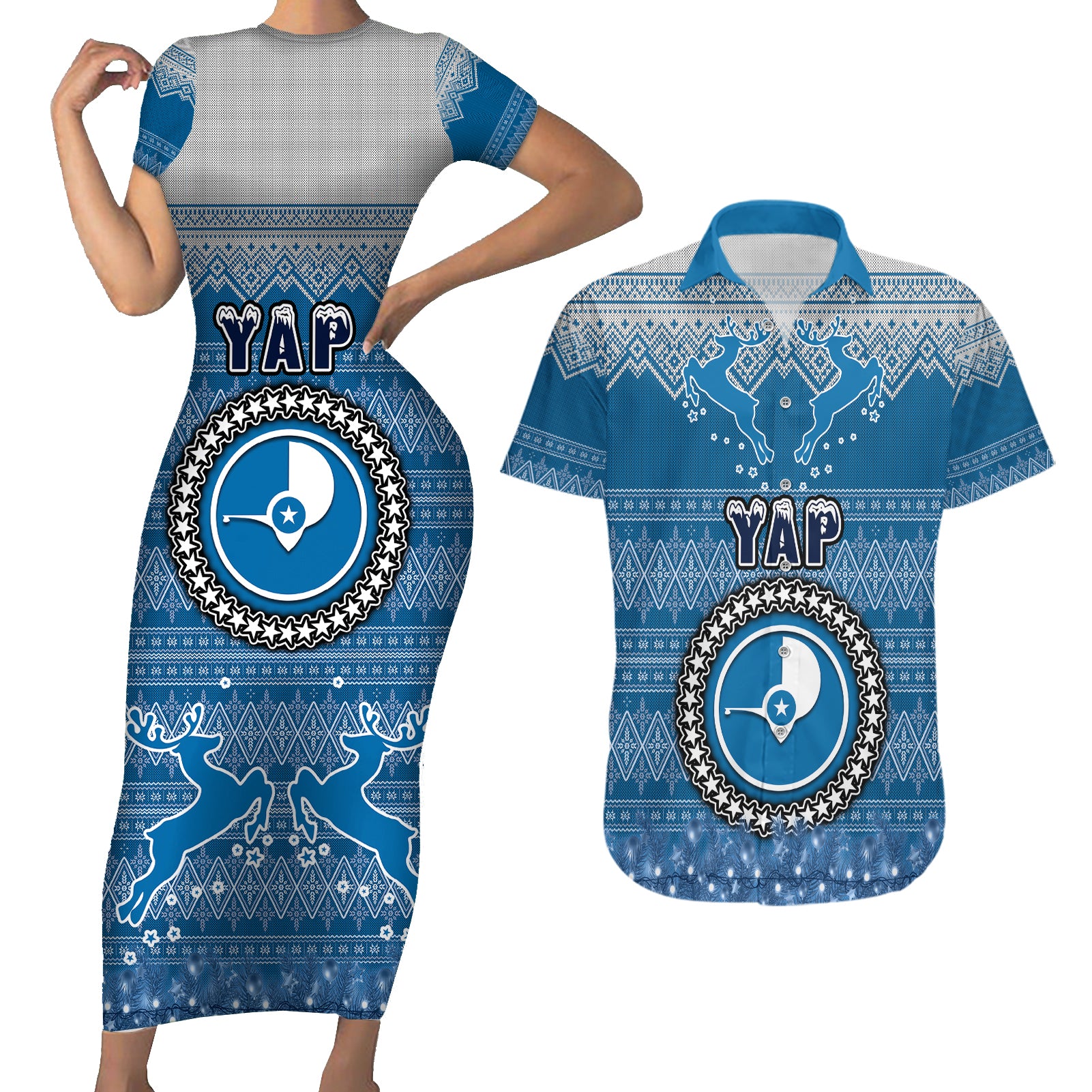 yap-christmas-couples-matching-short-sleeve-bodycon-dress-and-hawaiian-shirt-coat-of-arms-beautiful-merry-xmas-snowflake