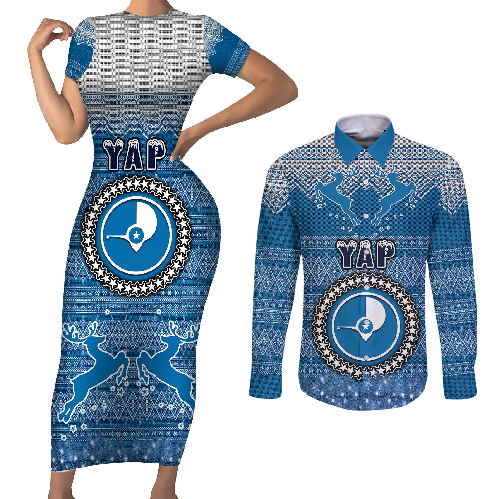 yap-christmas-couples-matching-short-sleeve-bodycon-dress-and-long-sleeve-button-shirts-coat-of-arms-beautiful-merry-xmas-snowflake
