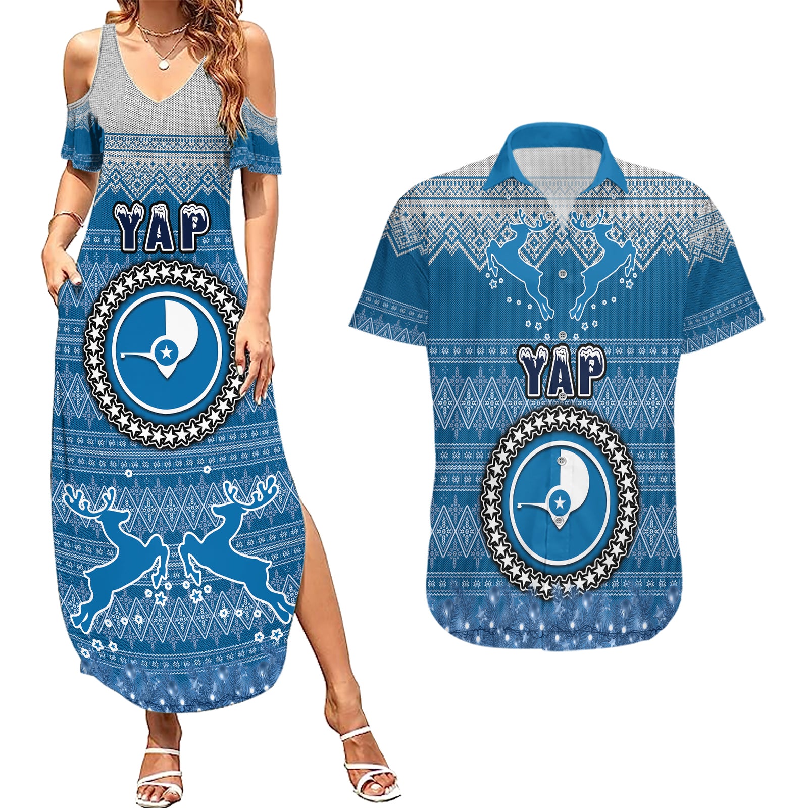 yap-christmas-couples-matching-summer-maxi-dress-and-hawaiian-shirt-coat-of-arms-beautiful-merry-xmas-snowflake