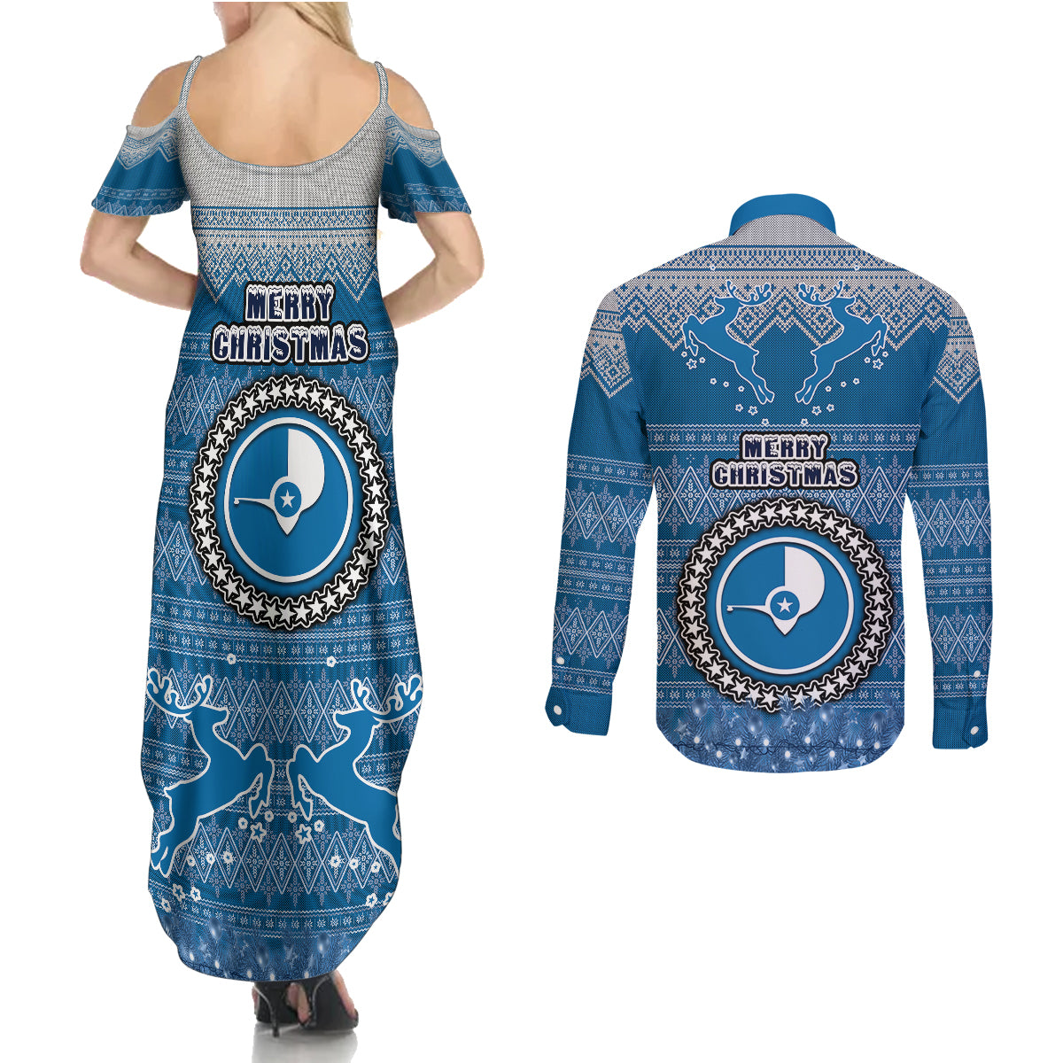 yap-christmas-couples-matching-summer-maxi-dress-and-long-sleeve-button-shirts-coat-of-arms-beautiful-merry-xmas-snowflake