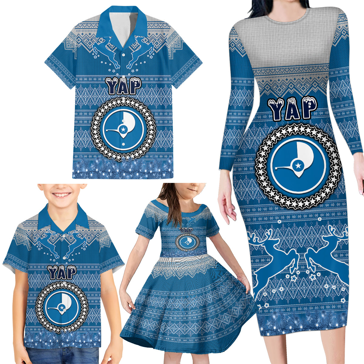 Yap Christmas Family Matching Long Sleeve Bodycon Dress and Hawaiian Shirt Coat of Arms Beautiful Merry Xmas Snowflake LT03 - Polynesian Pride