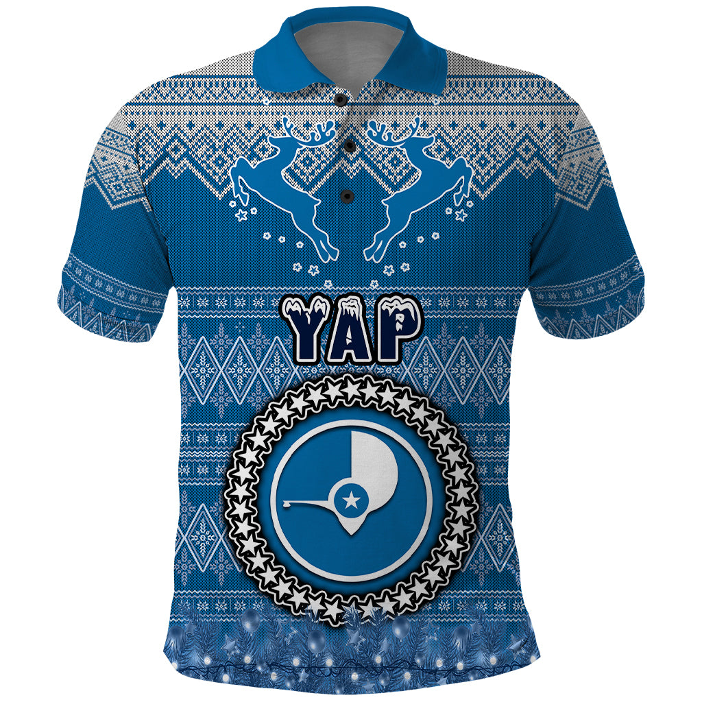 Yap Christmas Polo Shirt Coat of Arms Beautiful Merry Xmas Snowflake LT03 Blue - Polynesian Pride