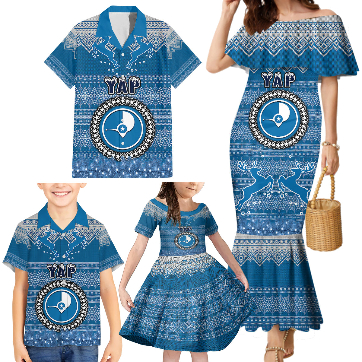 personalised-yap-christmas-family-matching-mermaid-dress-and-hawaiian-shirt-coat-of-arms-beautiful-merry-xmas-snowflake