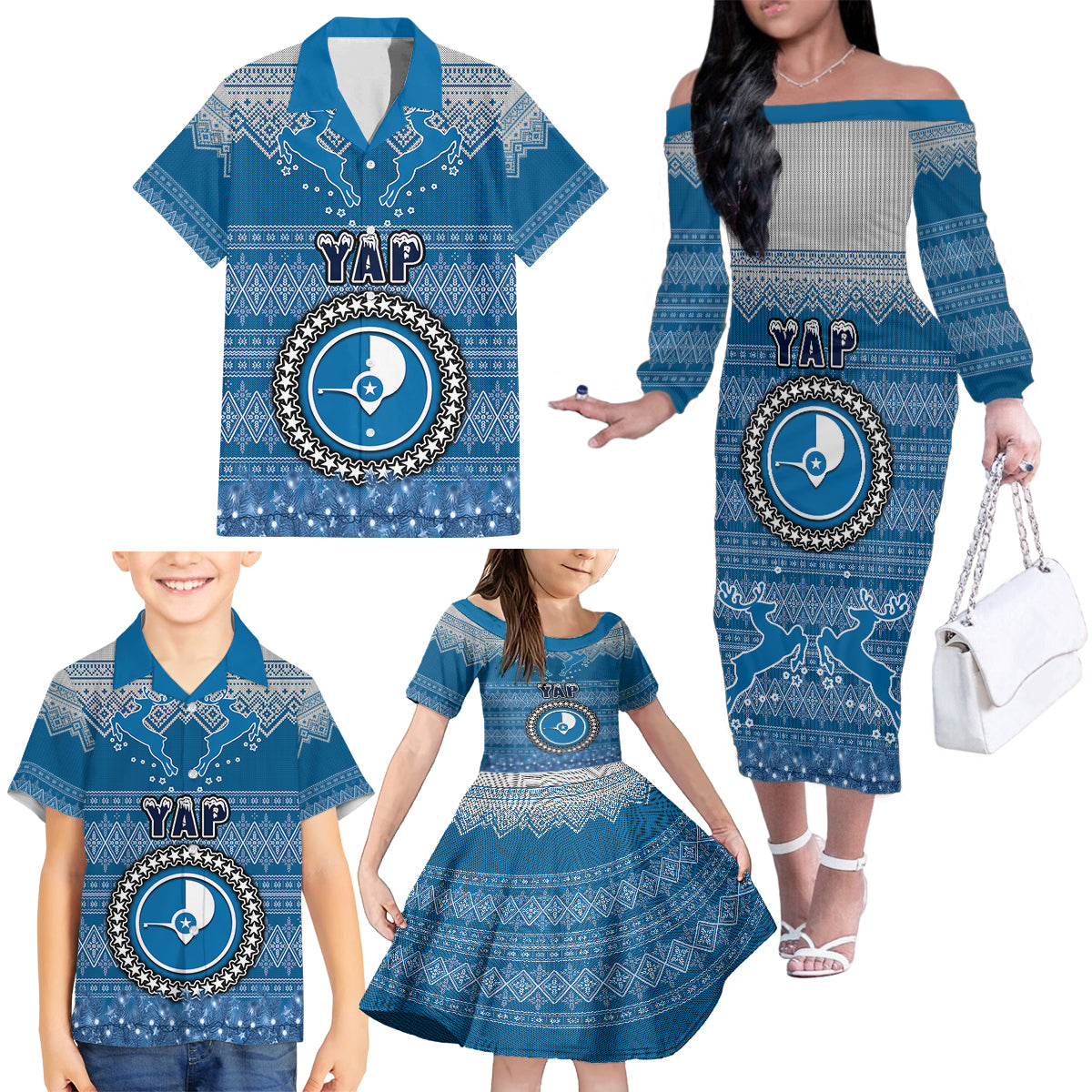 personalised-yap-christmas-family-matching-off-shoulder-long-sleeve-dress-and-hawaiian-shirt-coat-of-arms-beautiful-merry-xmas-snowflake