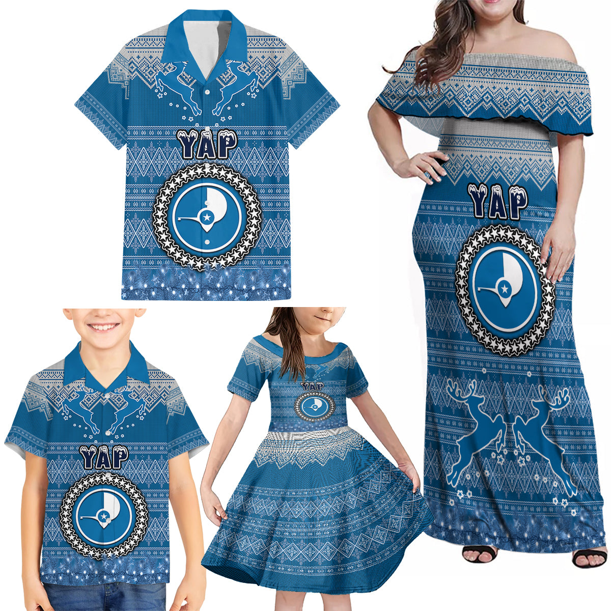 personalised-yap-christmas-family-matching-off-shoulder-maxi-dress-and-hawaiian-shirt-coat-of-arms-beautiful-merry-xmas-snowflake