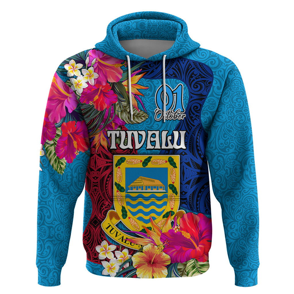 Tuvalu Independence Day Hoodie 1st October 45th Anniversary Polynesian with Jungle Flower LT03 Pullover Hoodie Blue - Polynesian Pride