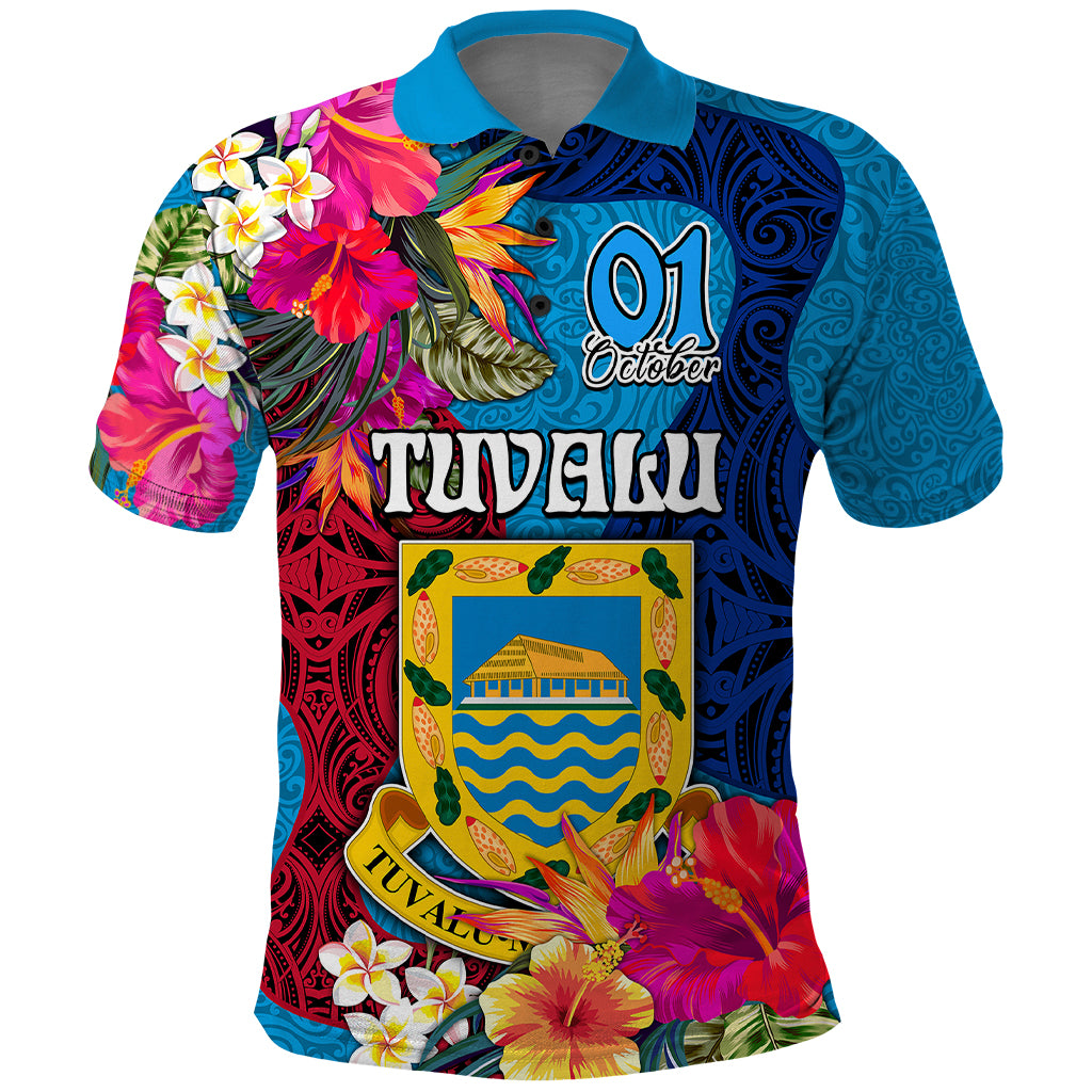 Tuvalu Independence Day Polo Shirt 1st October 45th Anniversary Polynesian with Jungle Flower LT03 Blue - Polynesian Pride