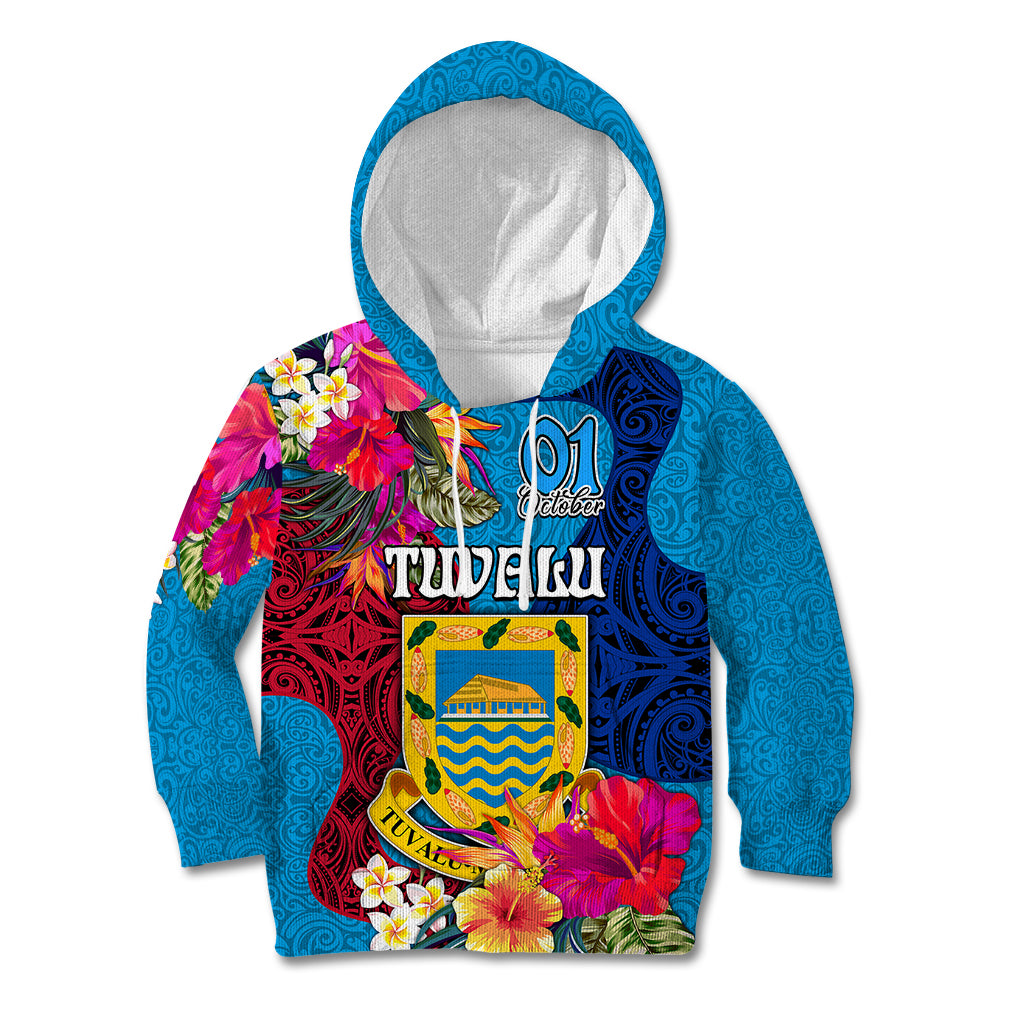 Personalised Tuvalu Independence Day Kid Hoodie 1st October 45th Anniversary Polynesian with Jungle Flower LT03 Hoodie Blue - Polynesian Pride