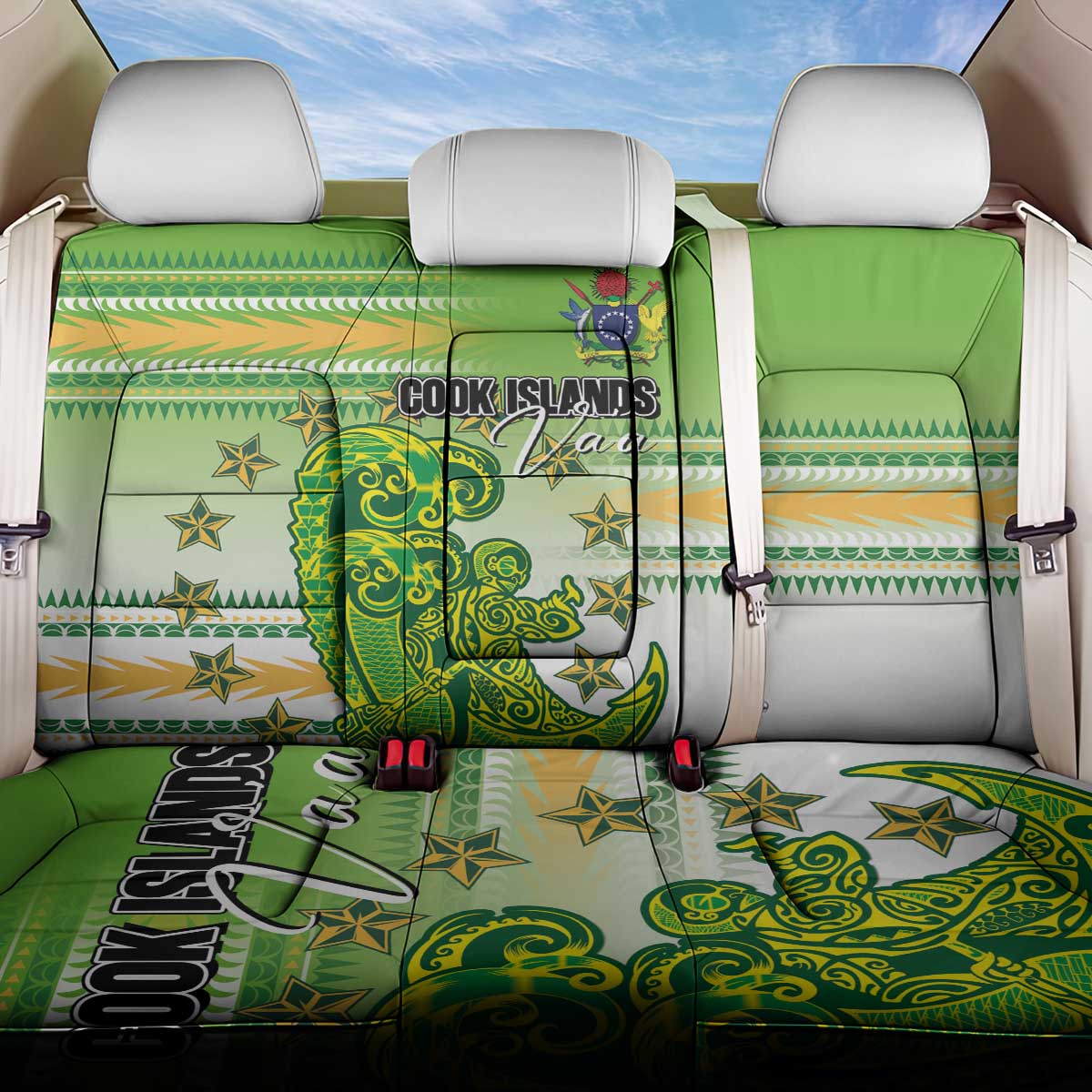 Cook Islands Va'a Race Back Car Seat Cover Te Tatau Tattoos Sporty Style Green-White Color - Polynesian Pride