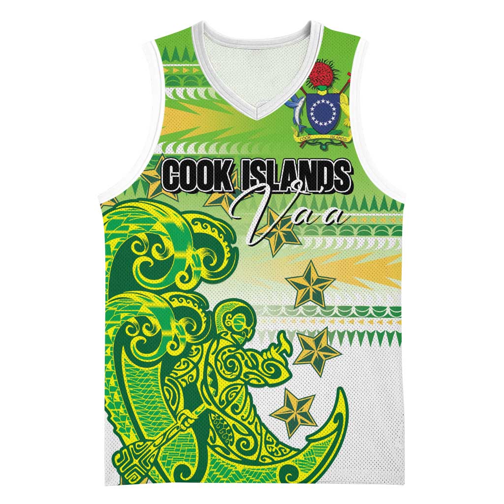 Personalised Cook Islands Va'a Race Basketball Jersey Te Tatau Tattoos Sporty Style Green-White Color - Polynesian Pride