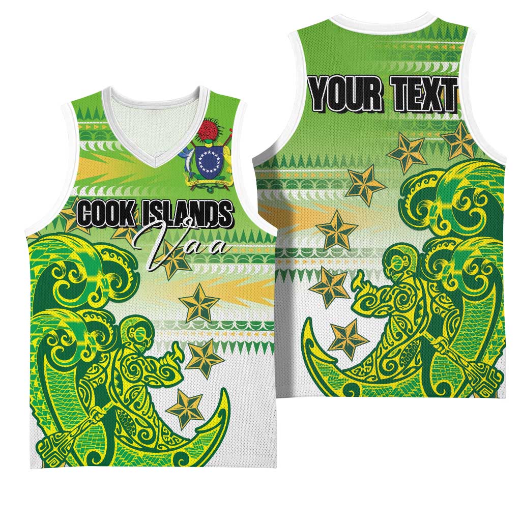 Personalised Cook Islands Va'a Race Basketball Jersey Te Tatau Tattoos Sporty Style Green-White Color - Polynesian Pride