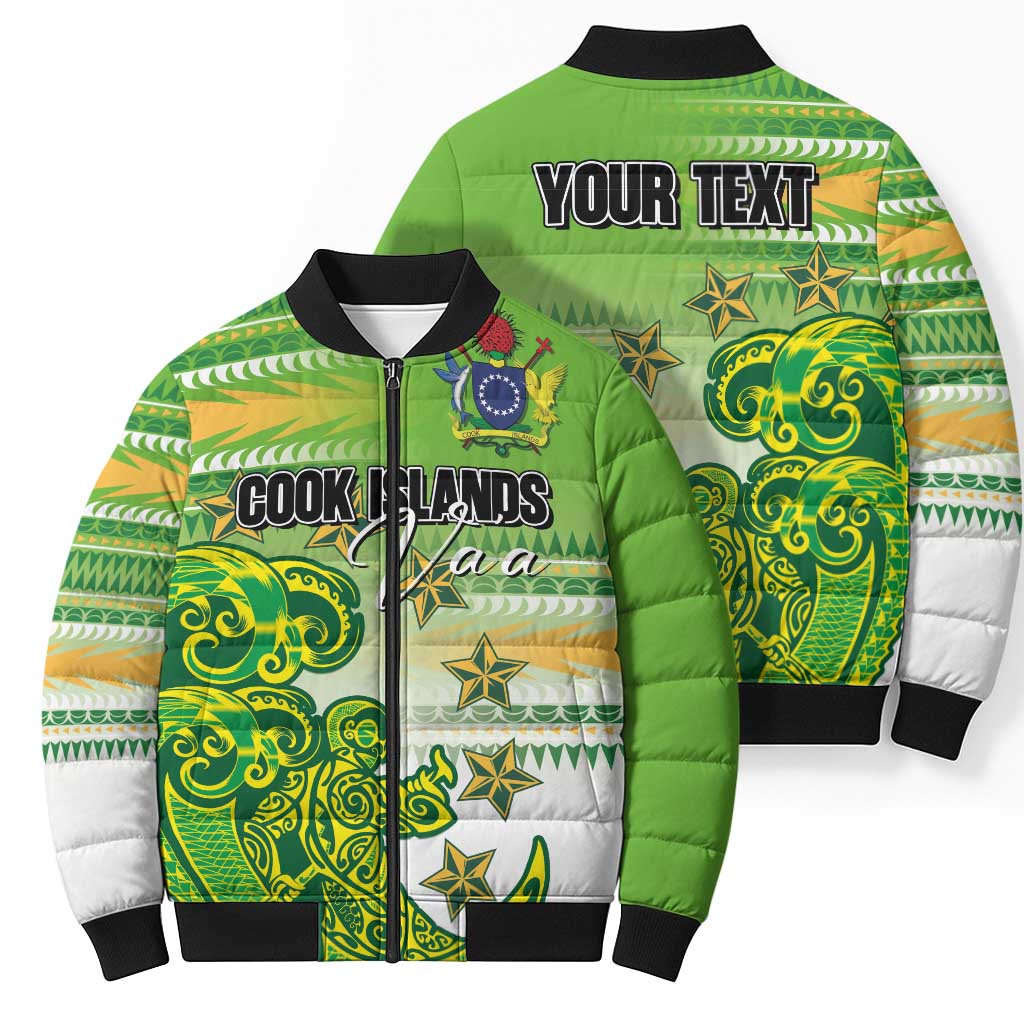 Personalised Cook Islands Va'a Race Bomber Puffer Jacket Te Tatau Tattoos Sporty Style Green-White Color - Polynesian Pride