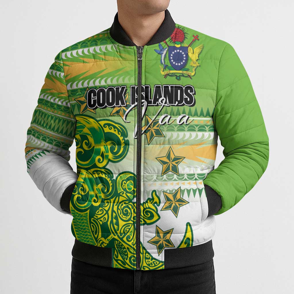 Personalised Cook Islands Va'a Race Bomber Puffer Jacket Te Tatau Tattoos Sporty Style Green-White Color - Polynesian Pride