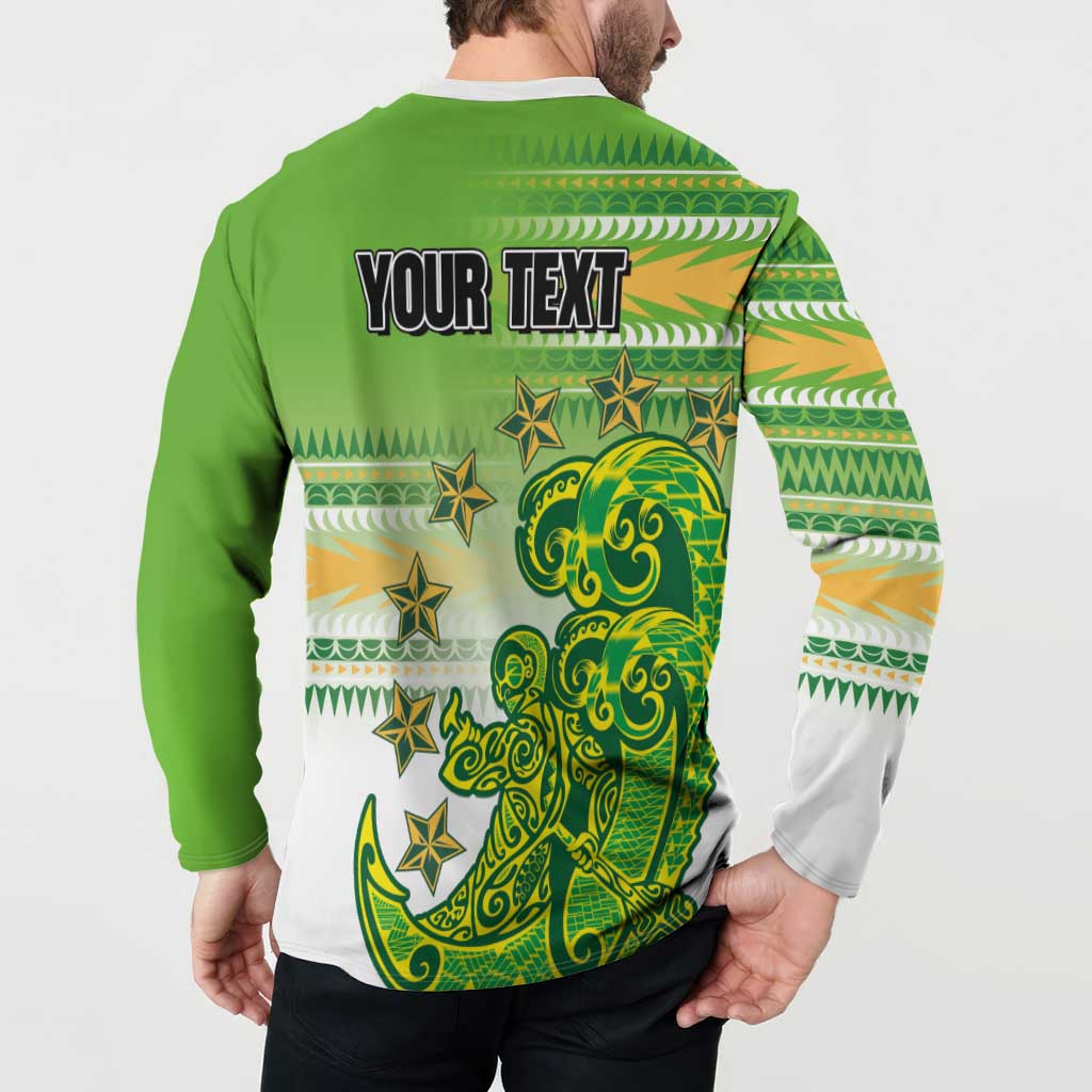 Personalised Cook Islands Va'a Race Button Sweatshirt Te Tatau Tattoos Sporty Style Green-White Color - Polynesian Pride