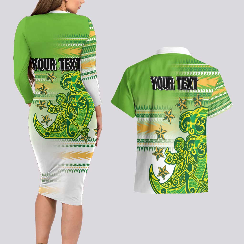 Personalised Cook Islands Va'a Race Couples Matching Long Sleeve Bodycon Dress and Hawaiian Shirt Te Tatau Tattoos Sporty Style Green-White Color - Polynesian Pride