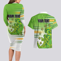 Personalised Cook Islands Va'a Race Couples Matching Long Sleeve Bodycon Dress and Hawaiian Shirt Te Tatau Tattoos Sporty Style Green-White Color - Polynesian Pride