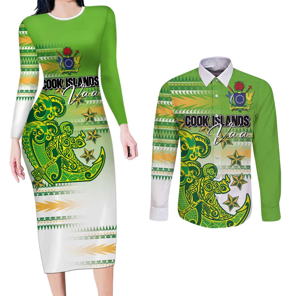 Personalised Cook Islands Va'a Race Couples Matching Long Sleeve Bodycon Dress and Long Sleeve Button Shirt Te Tatau Tattoos Sporty Style Green-White Color - Polynesian Pride