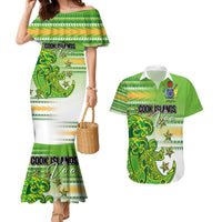 Personalised Cook Islands Va'a Race Couples Matching Mermaid Dress and Hawaiian Shirt Te Tatau Tattoos Sporty Style Green-White Color - Polynesian Pride