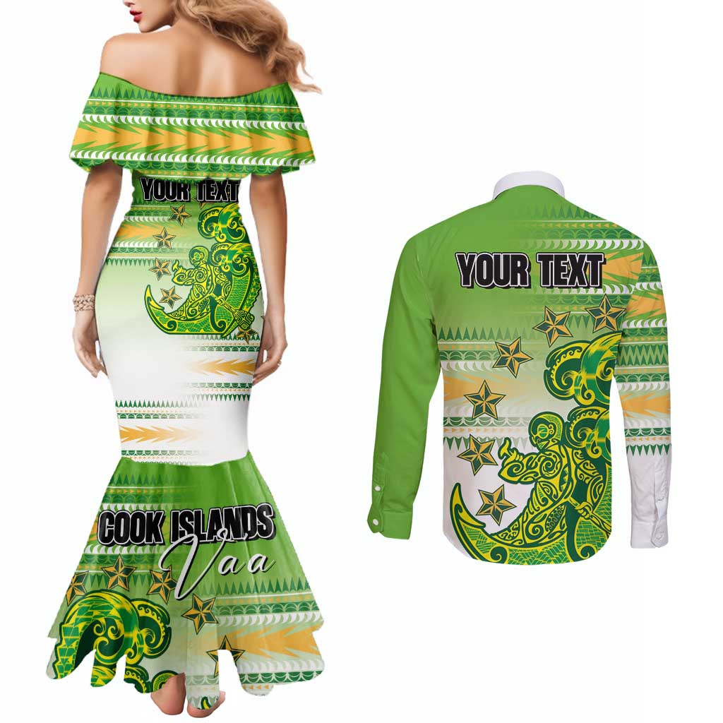 Personalised Cook Islands Va'a Race Couples Matching Mermaid Dress and Long Sleeve Button Shirt Te Tatau Tattoos Sporty Style Green-White Color - Polynesian Pride