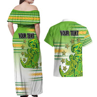 Personalised Cook Islands Va'a Race Couples Matching Off Shoulder Maxi Dress and Hawaiian Shirt Te Tatau Tattoos Sporty Style Green-White Color - Polynesian Pride