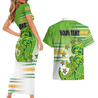 Personalised Cook Islands Va'a Race Couples Matching Short Sleeve Bodycon Dress and Hawaiian Shirt Te Tatau Tattoos Sporty Style Green-White Color - Polynesian Pride