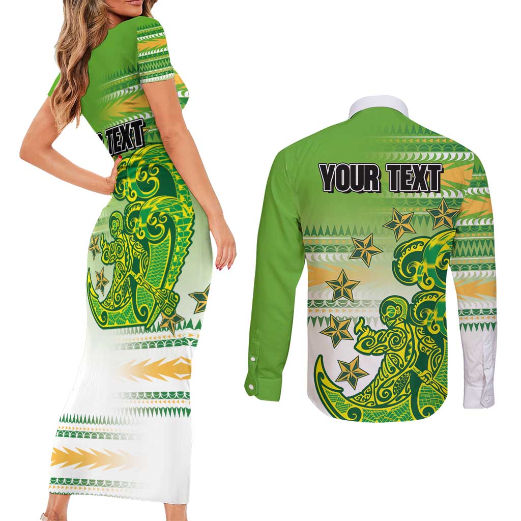 Personalised Cook Islands Va'a Race Couples Matching Short Sleeve Bodycon Dress and Long Sleeve Button Shirt Te Tatau Tattoos Sporty Style Green-White Color - Polynesian Pride