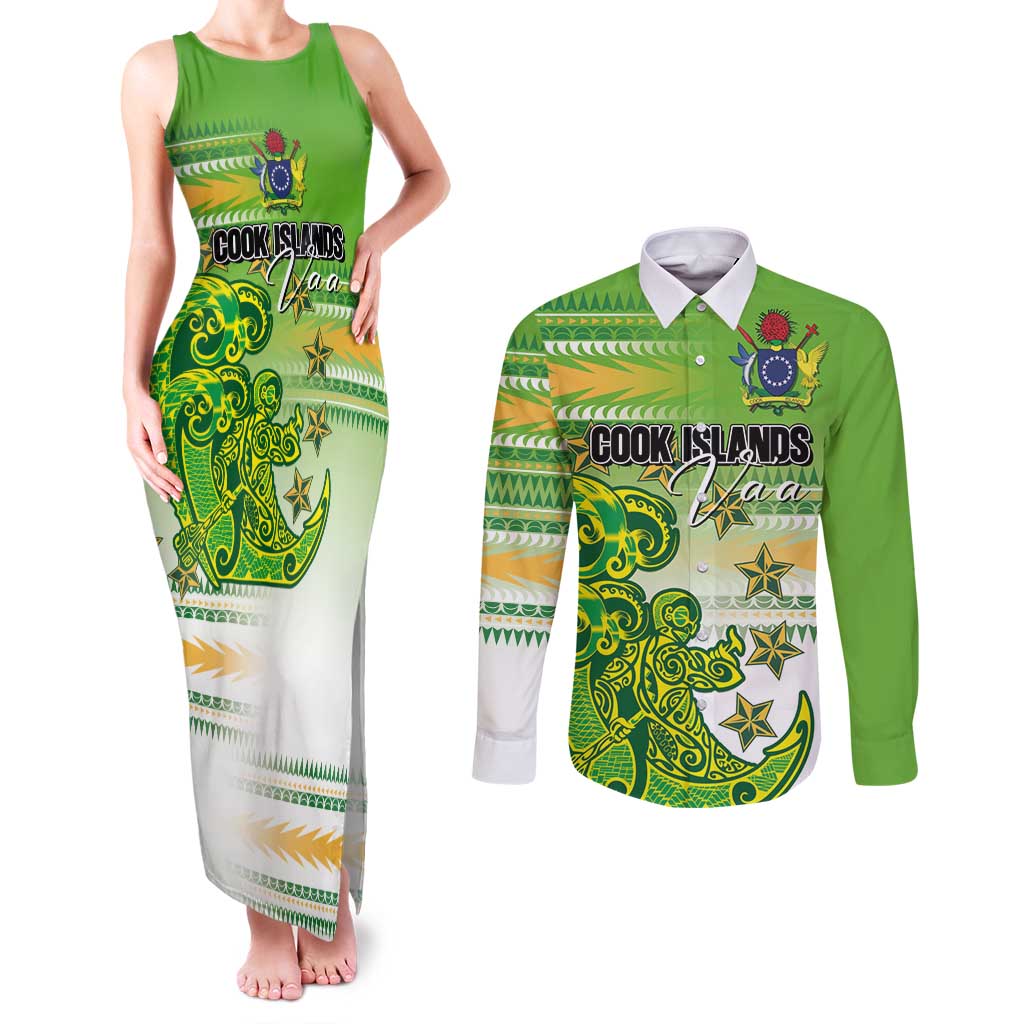 Personalised Cook Islands Va'a Race Couples Matching Tank Maxi Dress and Long Sleeve Button Shirt Te Tatau Tattoos Sporty Style Green-White Color - Polynesian Pride