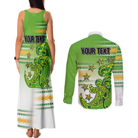 Personalised Cook Islands Va'a Race Couples Matching Tank Maxi Dress and Long Sleeve Button Shirt Te Tatau Tattoos Sporty Style Green-White Color - Polynesian Pride