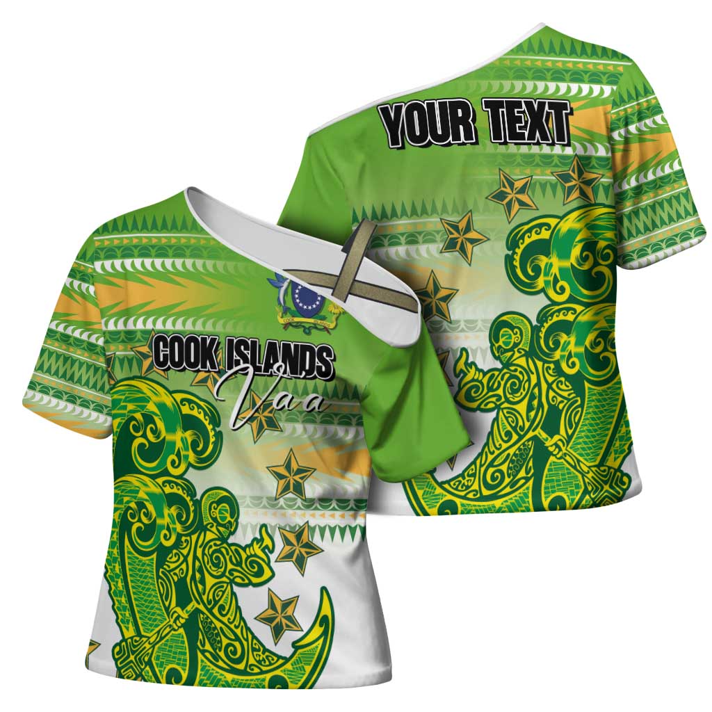 Personalised Cook Islands Va'a Race Cross Shoulder Shirt Te Tatau Tattoos Sporty Style Green-White Color - Polynesian Pride