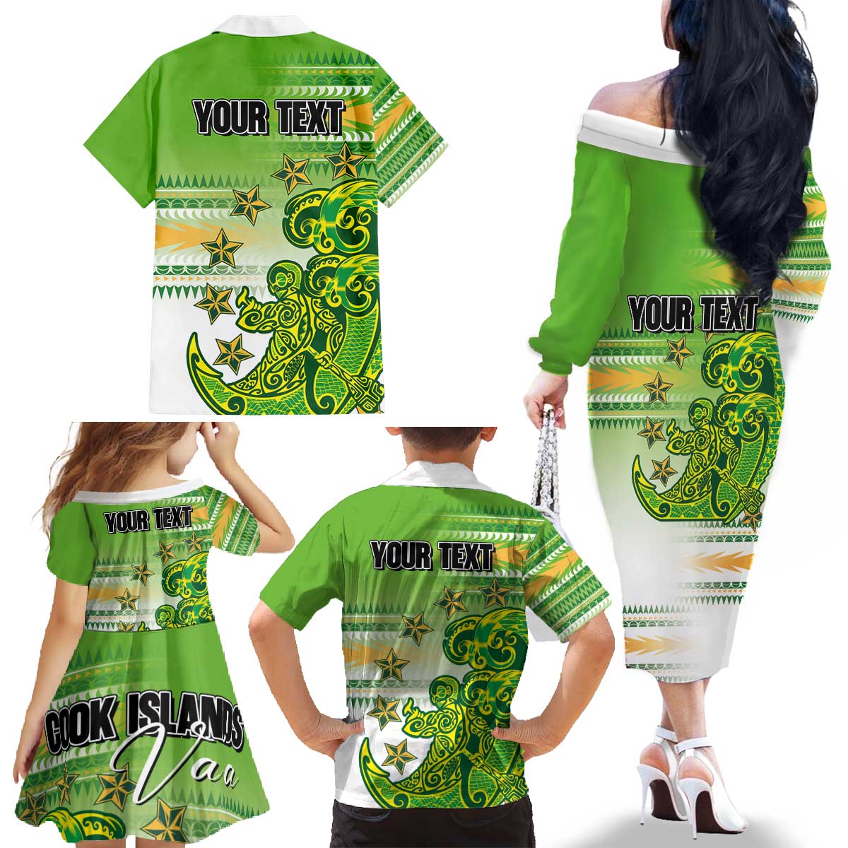 Personalised Cook Islands Va'a Race Family Matching Off The Shoulder Long Sleeve Dress and Hawaiian Shirt Te Tatau Tattoos Sporty Style Green-White Color - Polynesian Pride